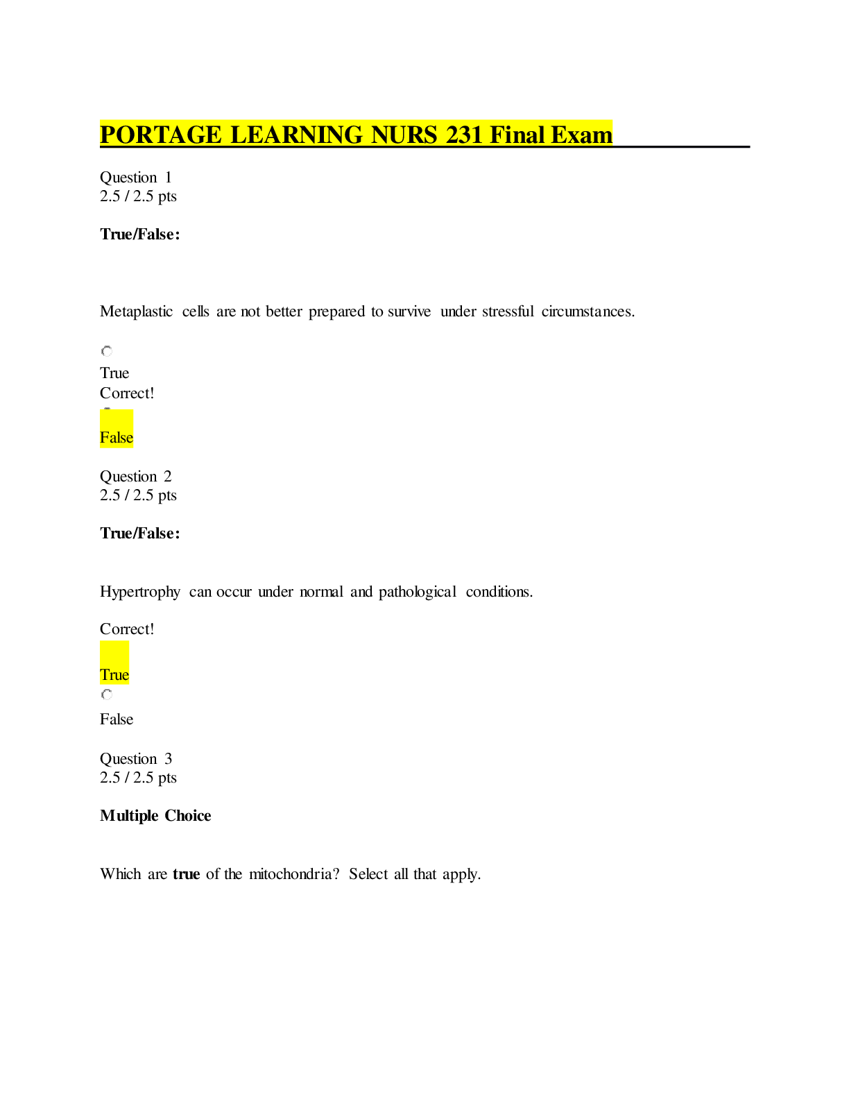 Preview image of PORTAGE LEARNING NURS 231 Final Exam (Solved Grade A+) document